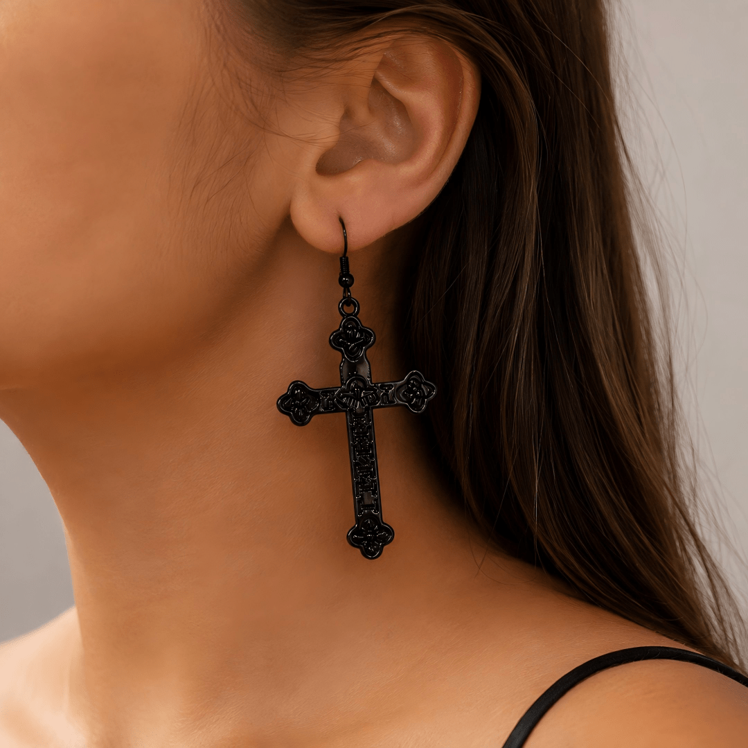 Black Cross Gothic Alloy Drop Earrings for Women